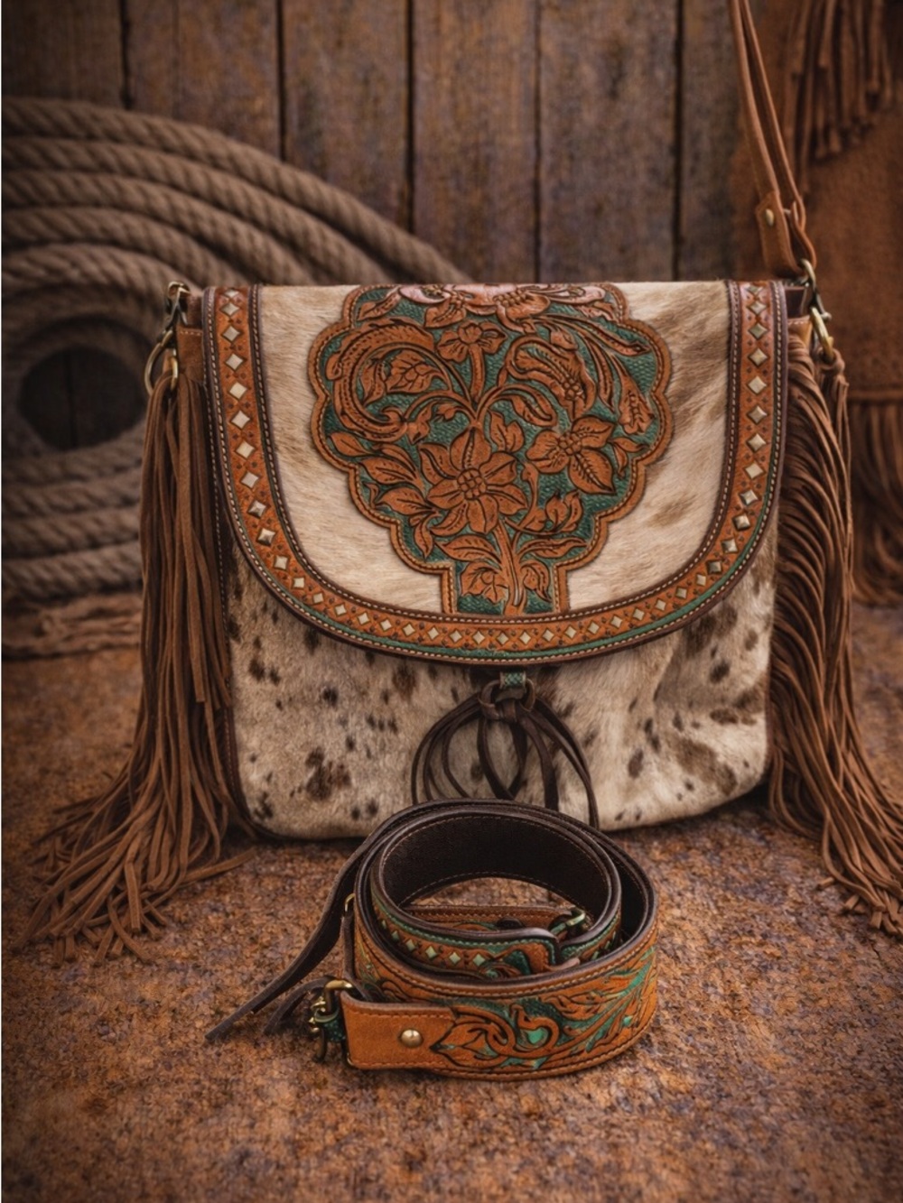 Hand-Tooled Leather Crossbody Bag with Turquoise Accents - Brown